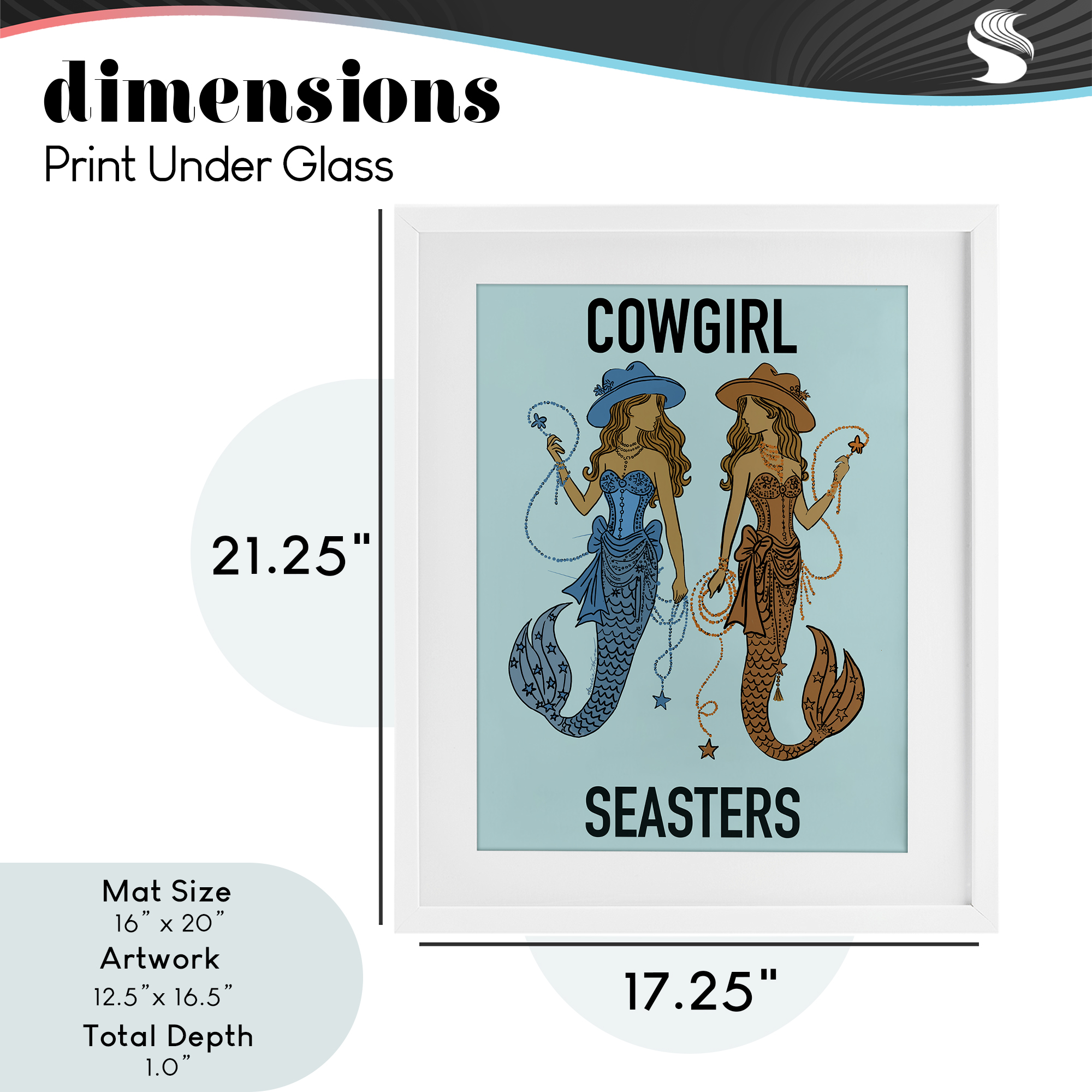 Cowgirl Seasters Mermaid Friendship White Framed Print Under Glass, design by Amelia Noyes