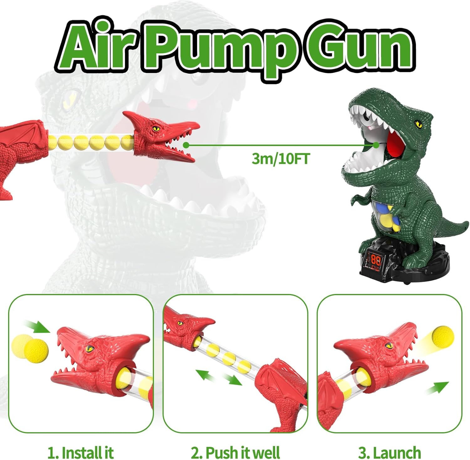 Dinosaur Shooting Game for Kids – 2 Air Pump Launchers, Electronic Target with LCD Score, Lights & Sounds, 24 Foam Balls, Gift for Boys Ages 3-5