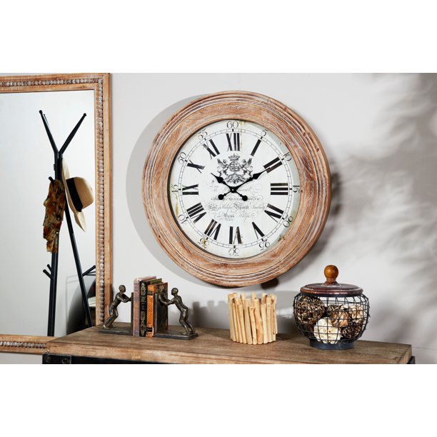 Decmode Oversized Round Black & White Wood Wall Clock with Roman