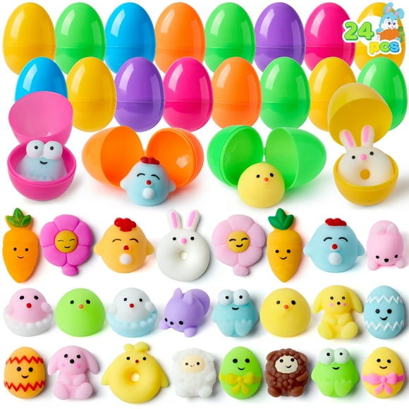 JOYFY Lot de 24 Oeufs de Pâques Préremplis avec Jouets, Petits Jouets Mochi Squishy pour Oeufs de Pâques, Paniers de Pâques en Peluche pour Tout-Petits et Enfants