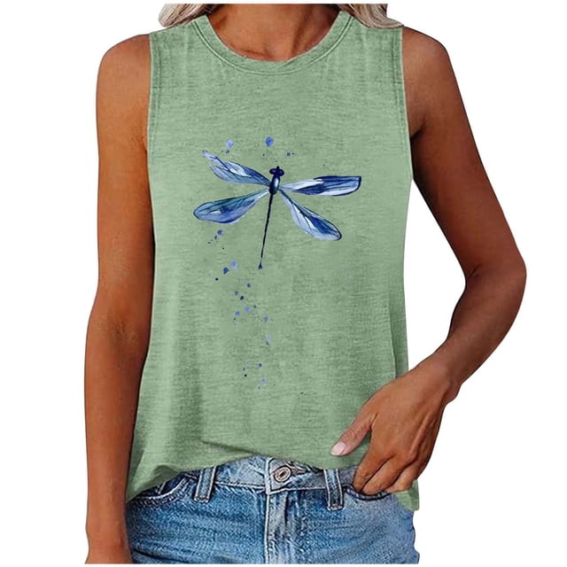 HNMKIU Cropped Tank Tops For Women Casual Basic Round Neck Tank Top With Print For Daily Wear Spring Summer Fall
