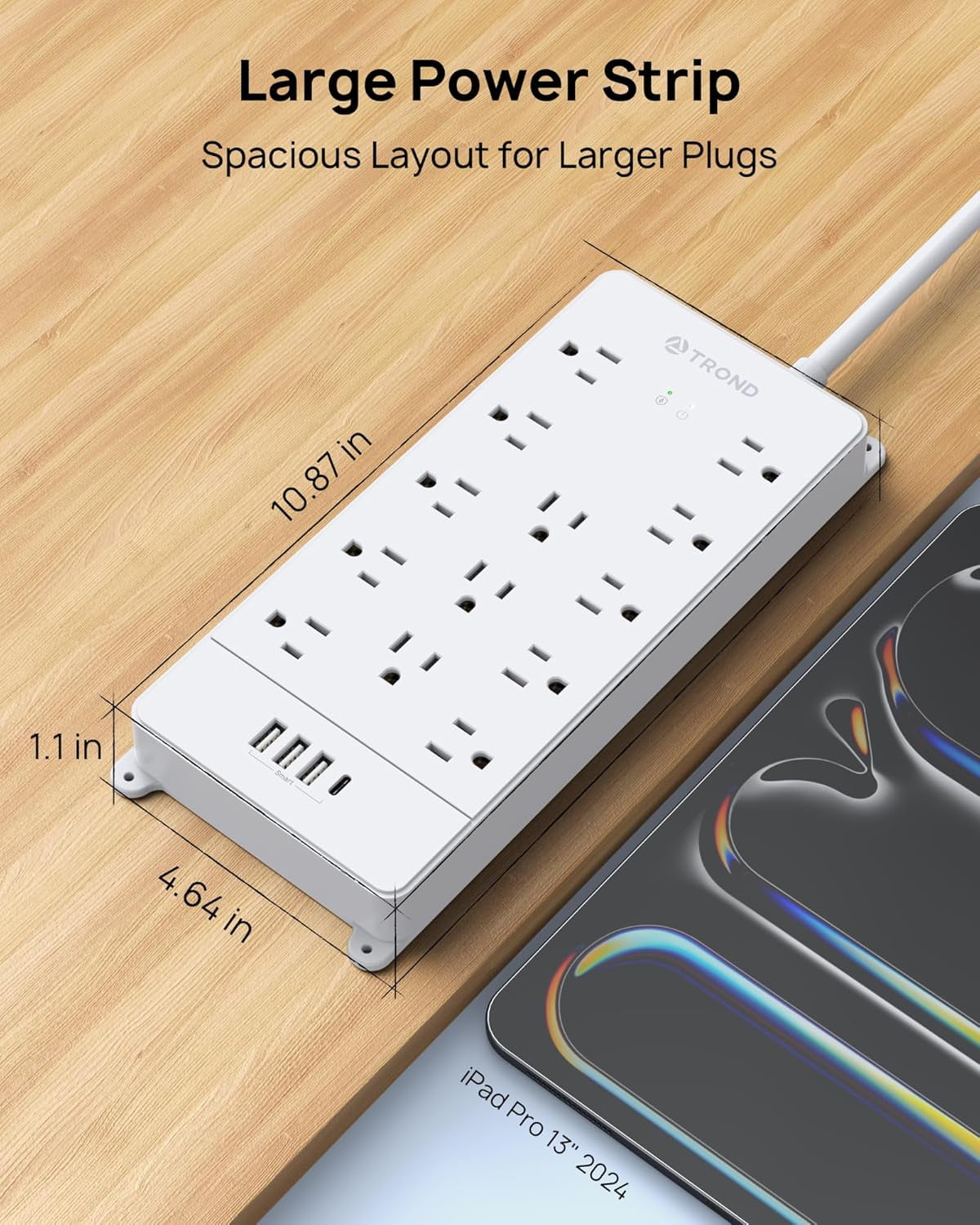 TROND ETL Listed Power Strip Surge Protector, 4000J, 1875W, 13 Wide Spaced Outlets with 4 USB Ports(1 USB C), Wall Mount/Screw On, 5ft Extension Cord, Under Desk/Cabinet/Counter, White