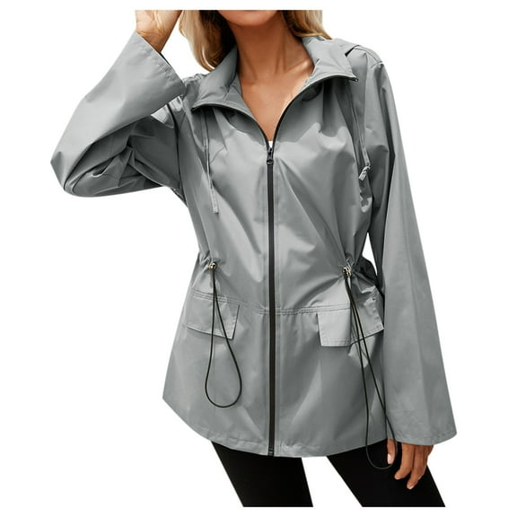 Fiaer,Women's Waterproof Rain Lightweight Full Zip Windbreaker Jacket Watertight Drawstring Long Sleeve Long Hooded Jackets for Outdoor Activity Grey XL