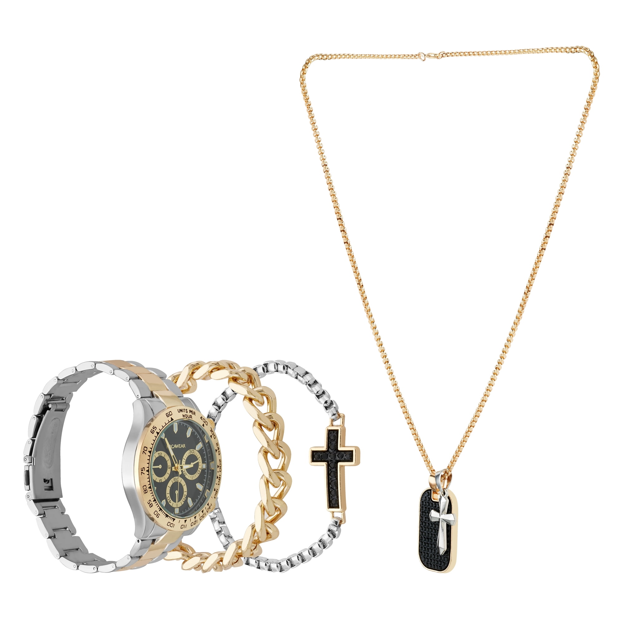 Rocawear Men's Quartz Metal Analog Watch w/ Necklace & Bracelet Set, Matte Black/Two Tone