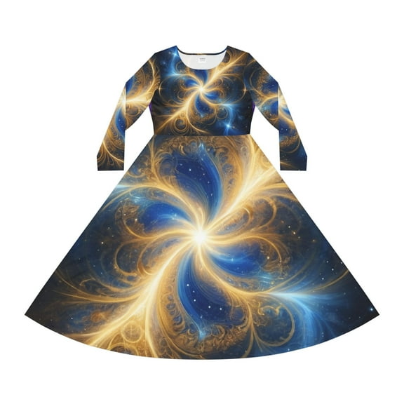 Blue and Gold Print Dance Dress (Size:S;)