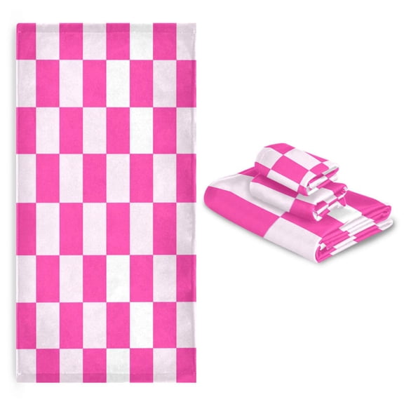 3 Sizes of Towel Sets Including Bath Towel Hand Towel and Washcloth for Daily Use Hot Pink Checkered Pattern