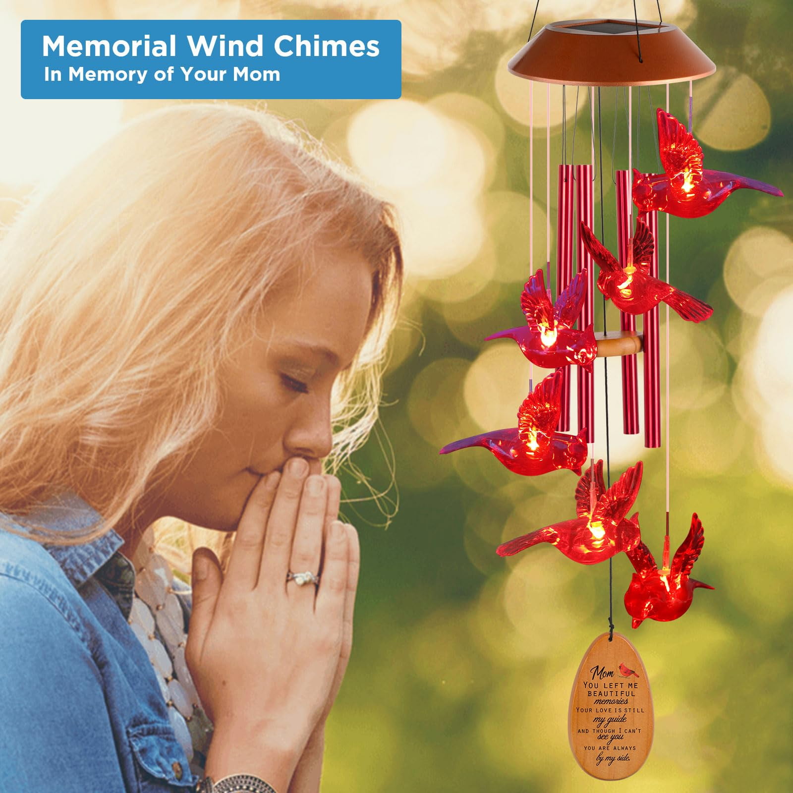 Cardinal Red Bird Solar Wind Chimes - Outdoor Garden Gifts for Mom from Daughter or Son - Mom's Room Decor for Mother's Day, Thanksgiving, Christmas, Birthday