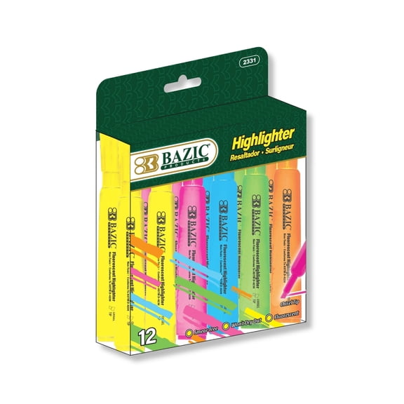 BAZIC Highlighter Assorted Color Chisel Tip Unscented Marker, 12-Count
