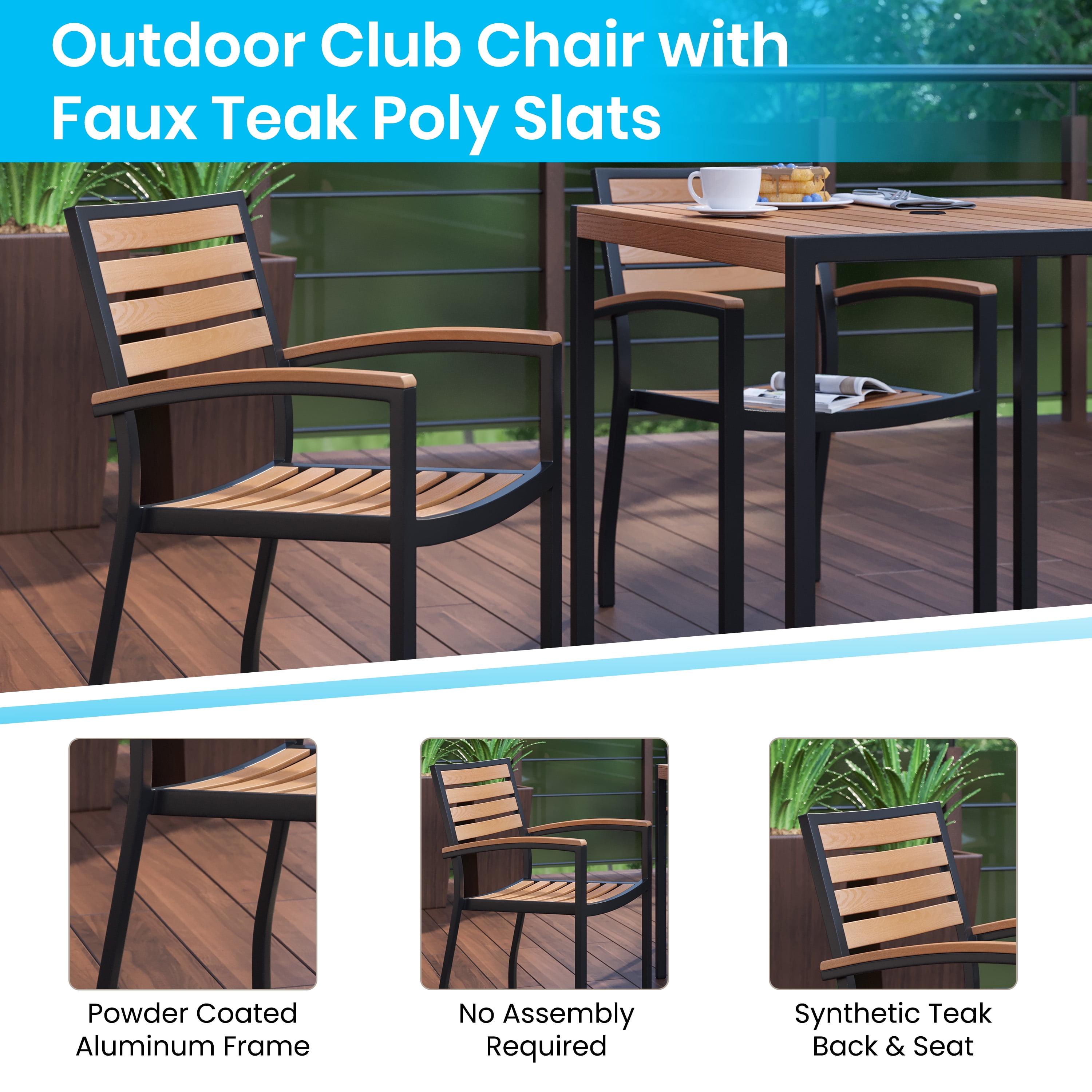 BizChair Outdoor Stackable Faux Teak Side Chair - Commercial Grade Black Aluminum Patio Chair with Synthetic Teak Slats - Set of 4