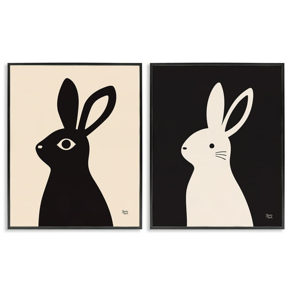 Stupell Industries Cream & Black Rabbits Animals Painting Black Framed Art Print Wall Art, 11 x 14, Set of 2