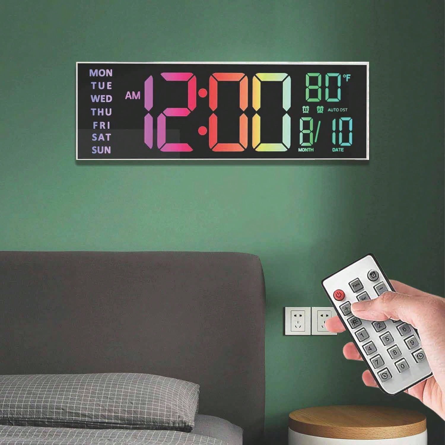 1pc Extra 16" Large Screen Digital Wall Clock with Remote Control, Dual Alarm with Big LED Screen Dispaly, 8 RGB Colors, Auto DST, Temperature for Living Room, Bedroom, Desk Decor, Mounted,