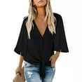 thumbnail image 2 of tasrioml Women Summer Shirt V-neck Half Sleeve Buttons Placket Lace-up Shirt Tops Solid Color Loose Fit Commuting Style Shirt, 2 of 8