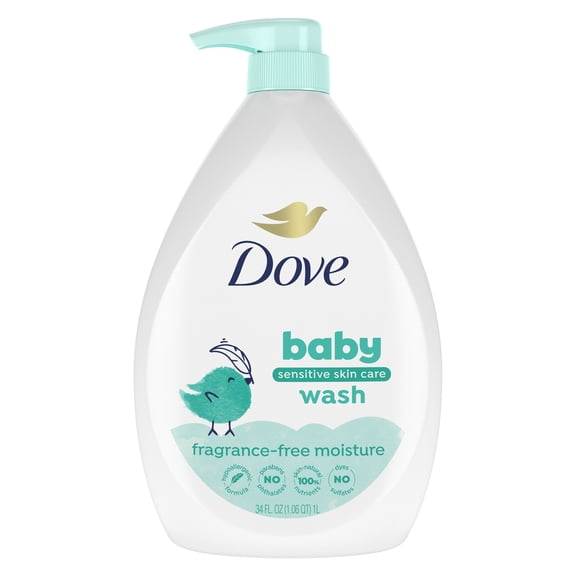 Baby Dove Sensitive Skin Care Baby Wash For Baby Bath Time Fragrance Free Moisture and Hypoallergenic, Washes Away Bacteria, 34 fl oz