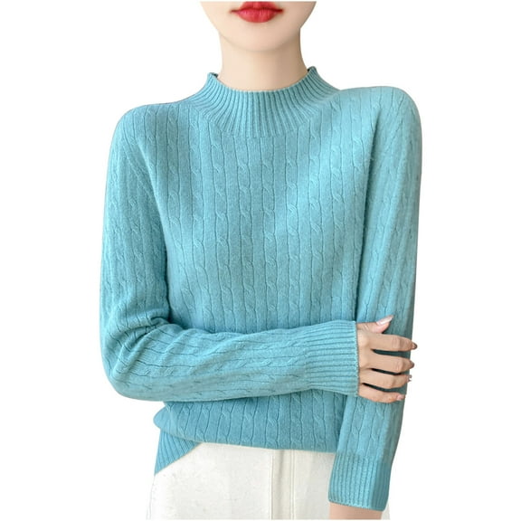 Mock Neck Sweater Women Plus Size Wool Long Sleeve Pullover Knitted Tops Fall Casual Loose Solid Color Shirts (Blue 2XL)