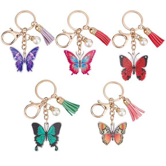 1 set 5pcs 5 colors Acrylic Keychains bag Purse Decorations with Imitation Pearl Beads Butterfly Mixed color 9x4cm 1pc/colors