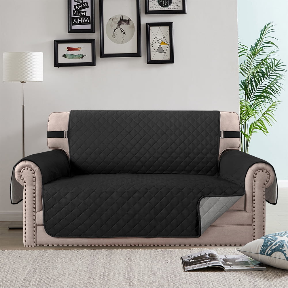 SHANNA Sofa Covers for Loveseat, Water Repellent Reversible Quilted Sofa Slipcovers, Non Slip Sofa Covers 2 Seater, Furniture Protector with Elastic Strap for Pets Kids Dog Cat, Black, 2-Seater