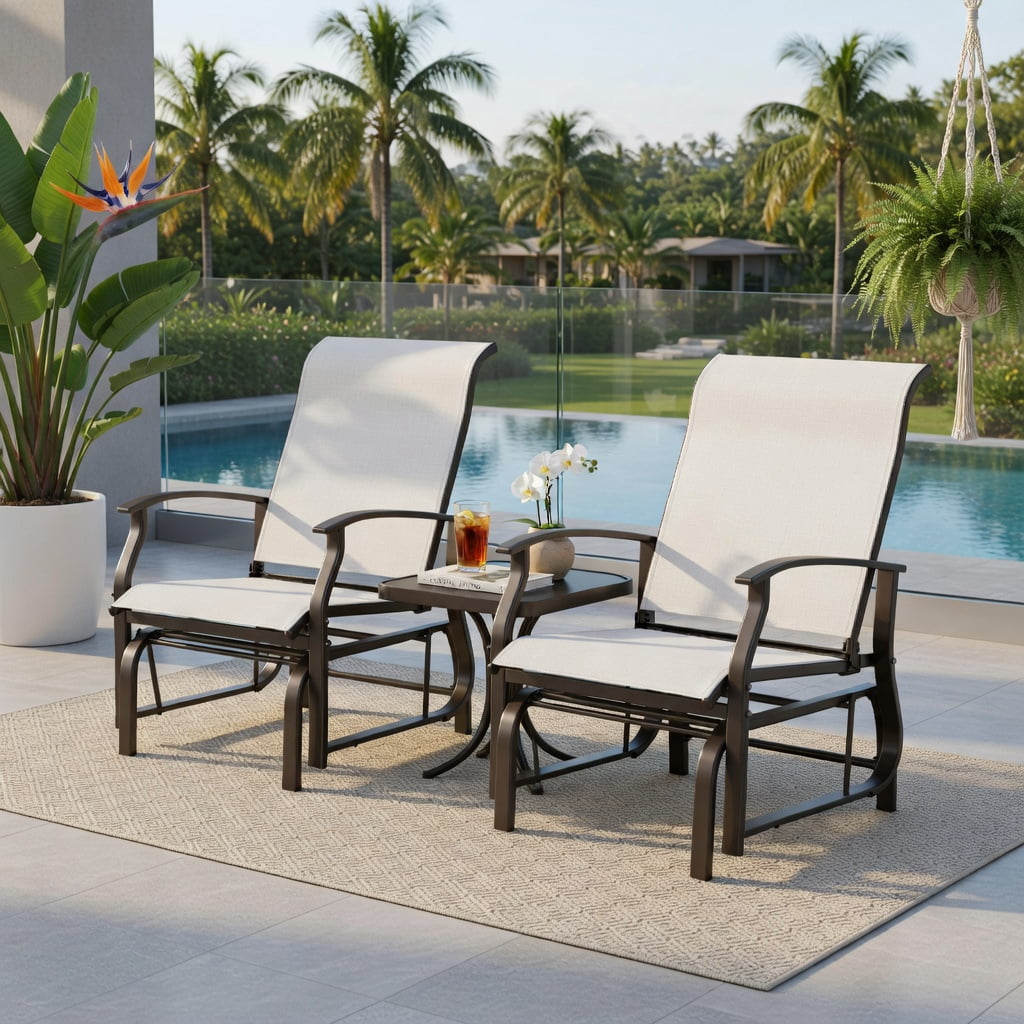 Hommoo 2-Piece Outdoor Glider Chair Set, Ergonomic Fabric & Metal Rocking Chairs for Patio, Porch, Backyard, Breathable Seat, Anti-Slip Feet, Beige