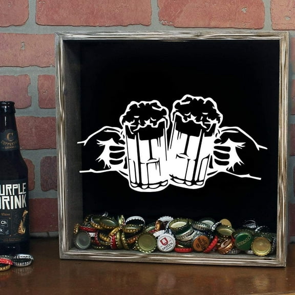 Torched Cheers Beer Cap Shadow Box Wall Mount Decor 13"x13"x3" Gray