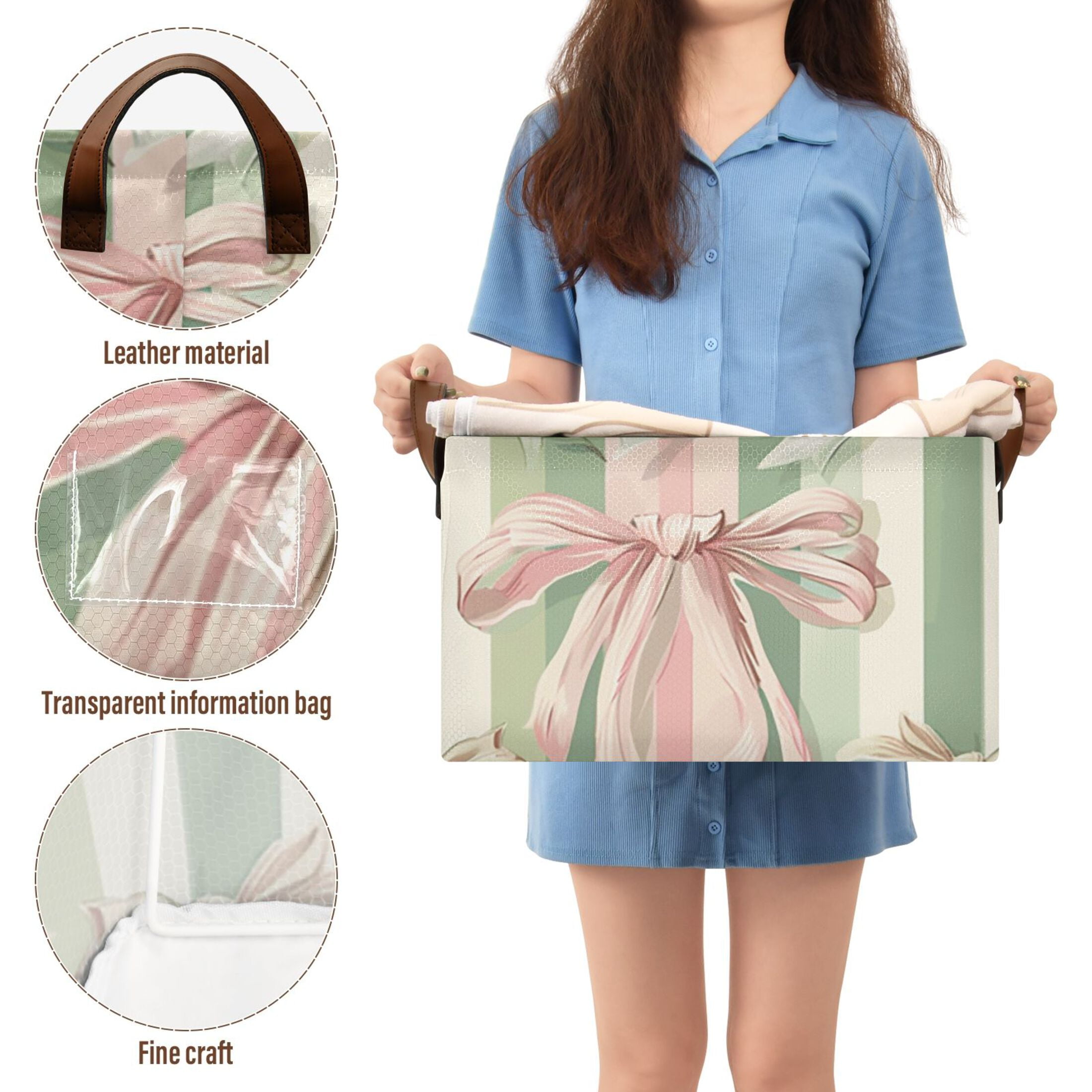 Pink Green Ribbons Stripe Foldable Storage Large Fabric Storage Baskets Organizer Storage Bins with Handles for Shelves
