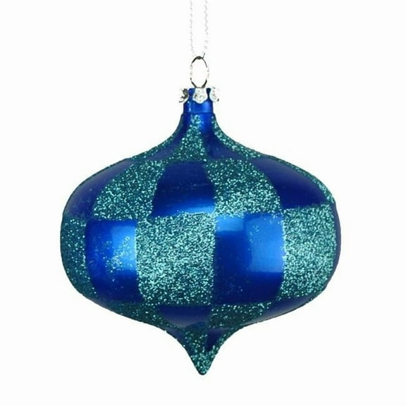 4 Pack of Blue and Teal Checkered Onion Ornaments with Glitter Enhancements