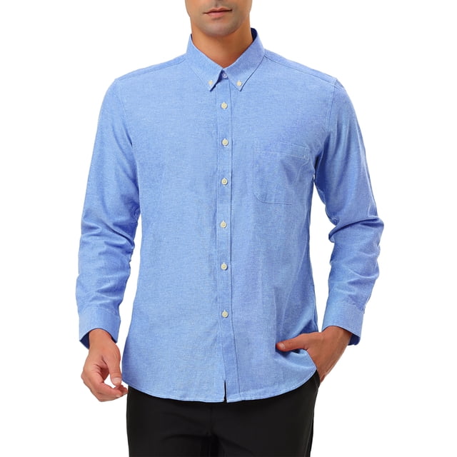 Camisa de vestir para hombre, manga larga, clásica, color sólido, ajustada, con botones Azul S