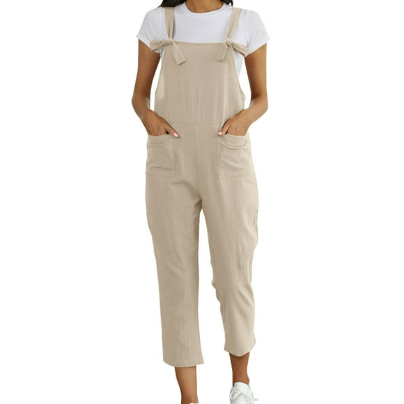 SNOWSONG Clearance! Overalls for Women, Womens Casual Cotton Linen Jumpsuit Loose Sleeveless Bib Pants with Pockets, Jean Overalls, Plus Size Overalls, Fall Overalls for Women 1 PC Jumpsuit Beige L