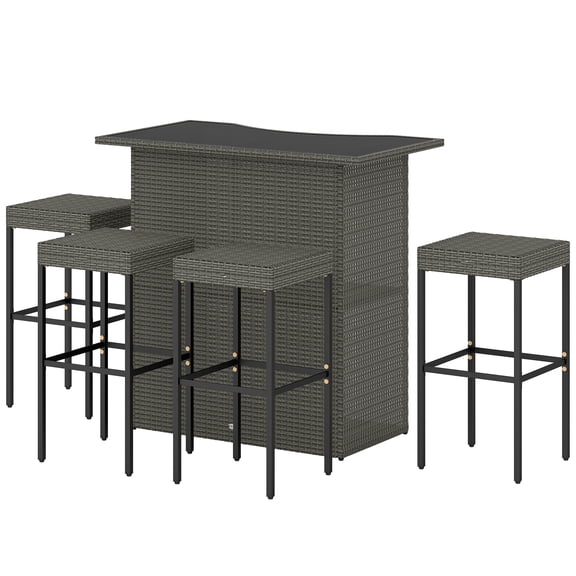Rattan Bar Set - 5 Piece Outdoor Patio Furniture, High Top Table & Chairs, Gray Wicker Bar Set with Glass Top & 4 Stools