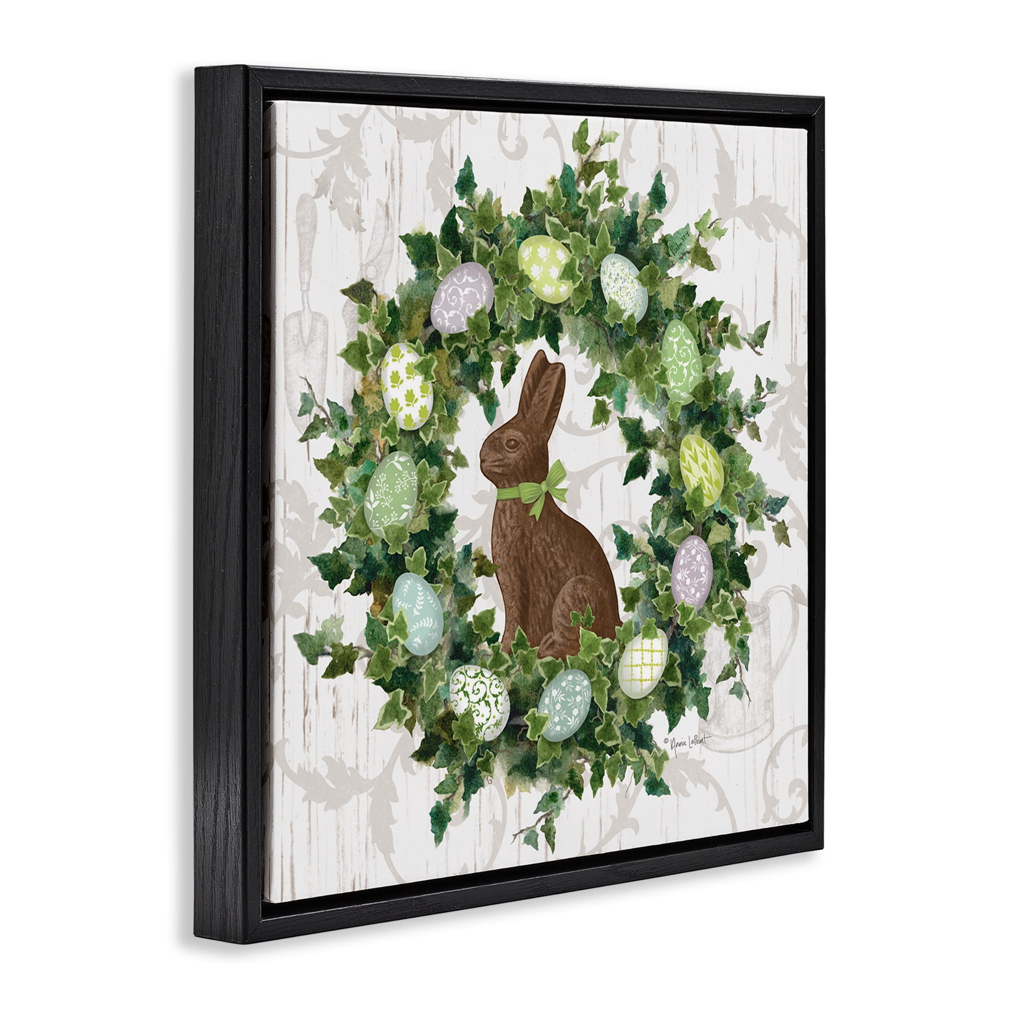 Stupell Industries Spring Easter Egg Wreath Botanical & Floral Painting Black Floater Framed Canvas Art Print Wall Art, 25 x 25