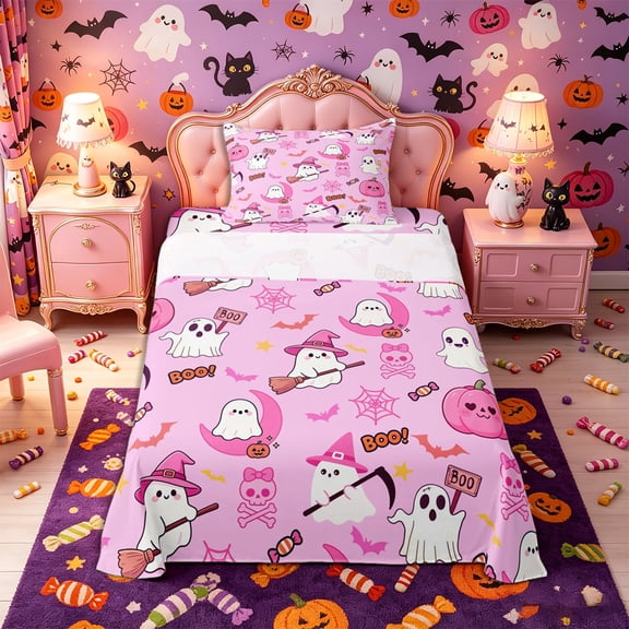 Manfei Cute Ghost Sugar Skull Twin Sheets 3pcs, Halloween Spooky Pumpkin Bedding, Hot Pink White,1 Fitted Sheet, 1 Flat Sheet and 1 Pillowcase