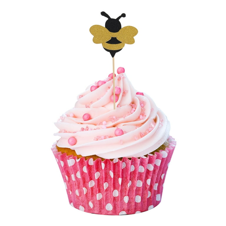 Tinksky 24 Pcs Paper Cake Toppers Shiny Bee Cupcake Toppers Honeybee Fruit Picks Dessert Decorative Supplies for Kid Birthday Party, Size: 5.51 x 2.36