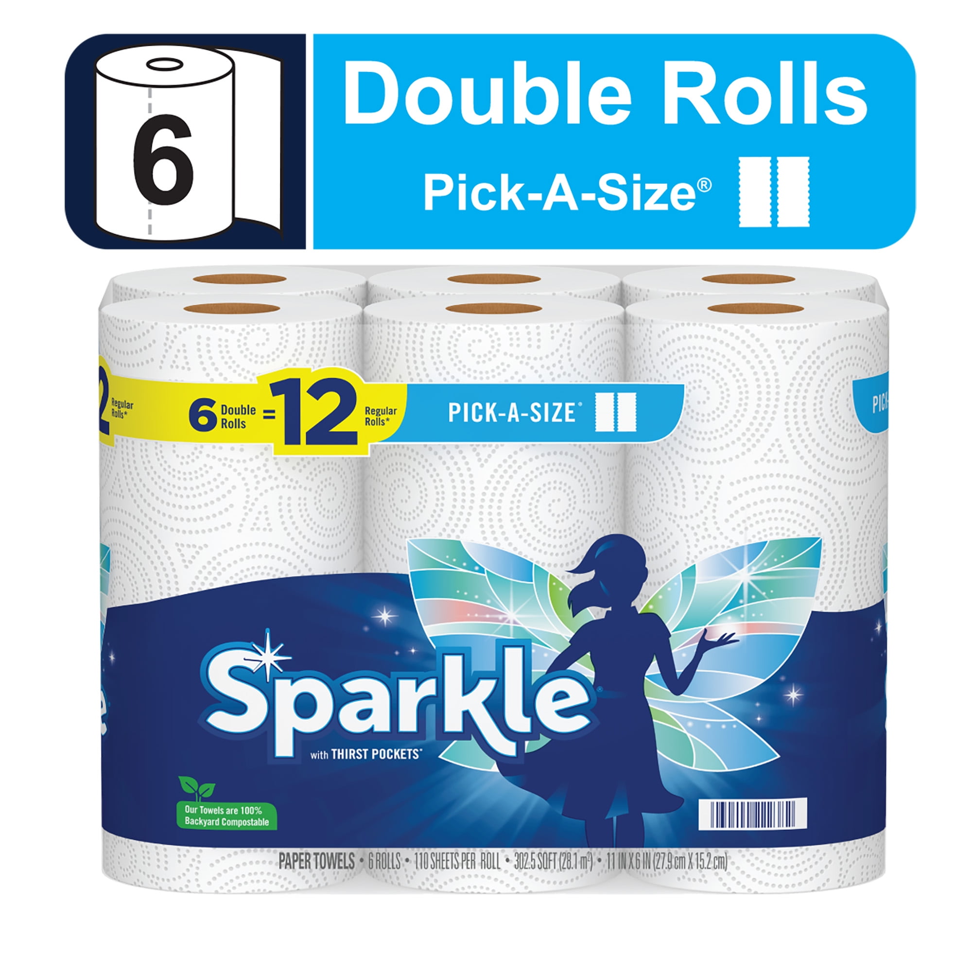Sparkle Pick-A-Size Paper Towels, White, 6 Double Rolls