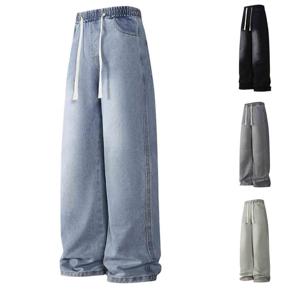YABCSAZ Mens Wide Leg Jeans Vintage Washed Baggy Denim Pants Loose Fit Straight Leg Open Bottom Casual Jeans Cotton Stretch Relaxed Fit Streetwear Trousers for Men