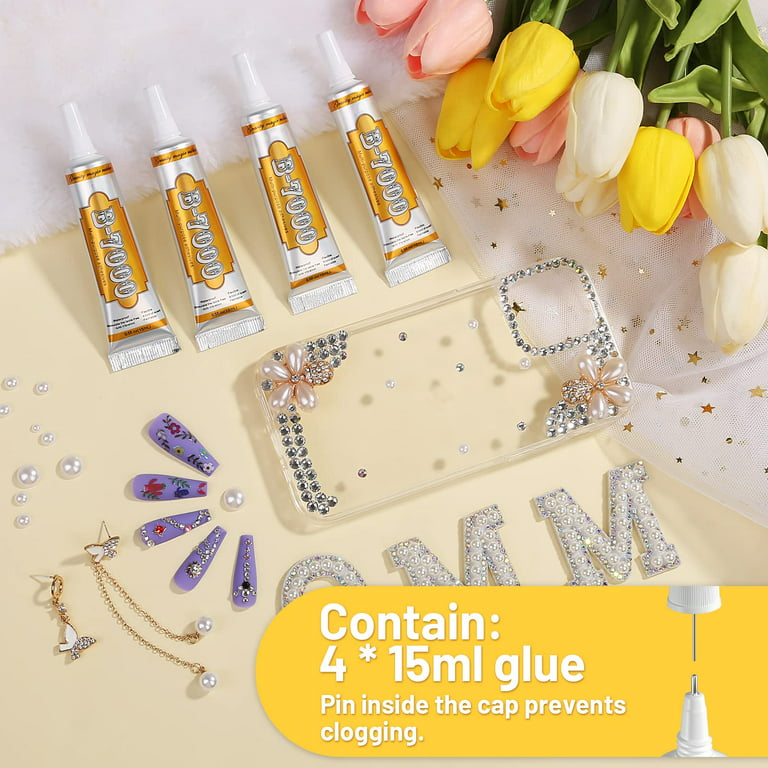 B7000 Jewelry Glue for Rhinestones, Clear Glue Adhesive with Precision Tips  Crafts Glue for Fabric with Dotting Stylus and Tweezers for Fabric,  Glasses, Metal and Stone, 0.9 fl oz, 2 Packs 