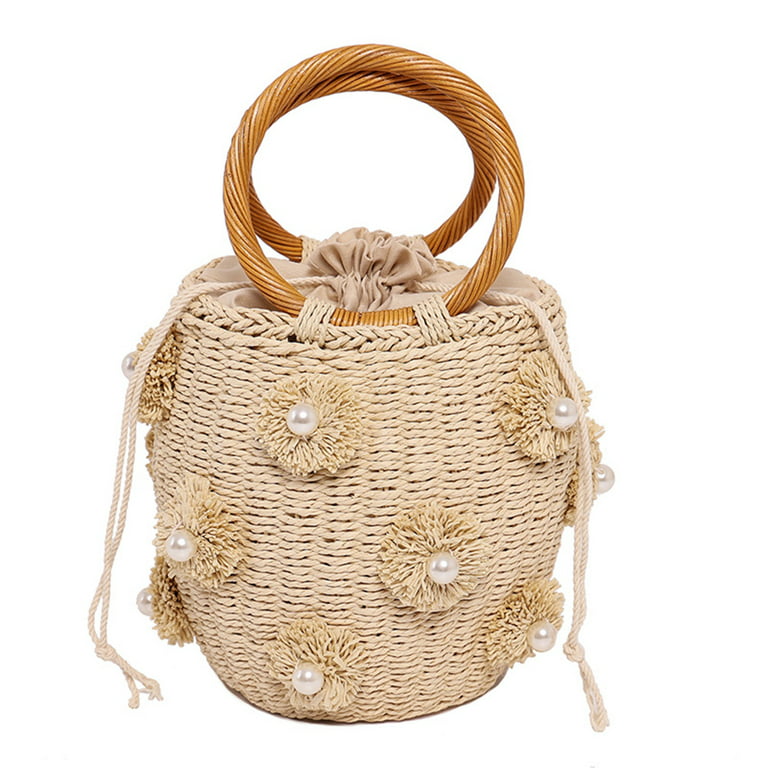 LoyGkgas Unisex Adult Pearl Flower Portable Bucket Bag Handmade Straw Woven  Handbags(Beige) 
