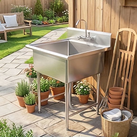 Free Standing Sink, Commercial Utility Sink, Freestanding Utility Sink with Hot & Cold Water Pipes Include Faucet & legs, 27×27.6×49.2in Freestanding Laundry Tub for Apartment Laundry Room