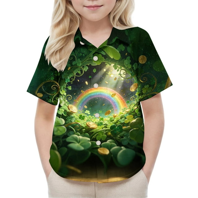 Blusa y camisa de manga corta con cuello vuelto, moderna e informal, con estampado del Día de San Patricio, con bolsillo, para uniforme escolar, para niños y niñas de 2 a 15 años.