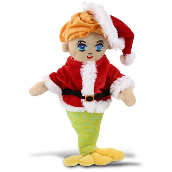 DolliBu Santa Green Mermaid Stuffed Animal Plush Toy - Super Soft Stuffed Plush Mermaid Dress Up with Red Santa Claus Outfit, Cute Perfect Holiday Christmas Gift - 14 Inch