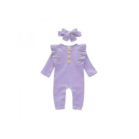 

Newborn Baby Girls Ruffle Jumpsuit Infant Romper Long Sleeve One-Piece Coming Home Outfits + Hairband
