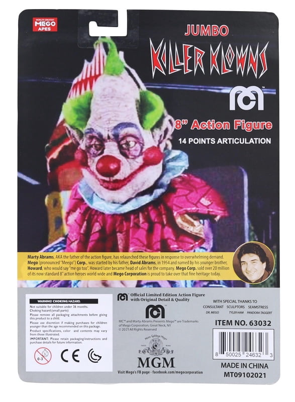 Mego Horror Series: Killer Clown From Outer Space Jumbo 8" Action Figure | 14 Points Articulation, Retro Card