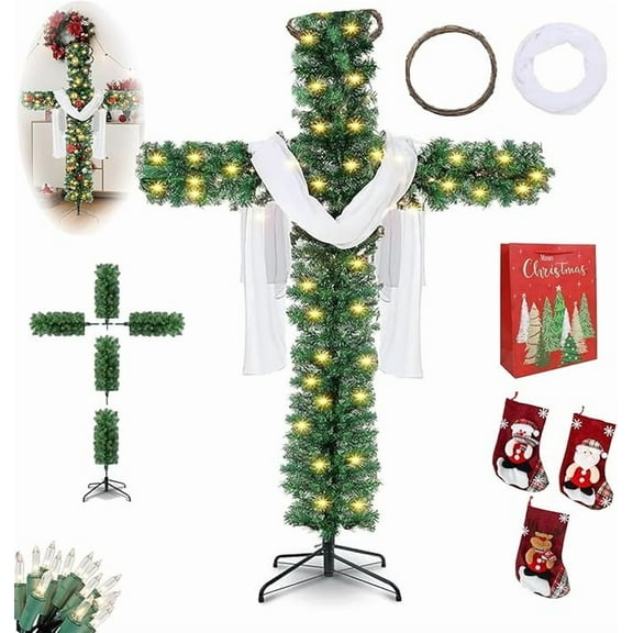 6 Ft Cross Christmas Tree with String Lights, Prelit Artificial Pine Cross with Silk Scarf and Christ Crown, Foldable Xmas Tree for Indoor Outdoor Holiday Yard Decor