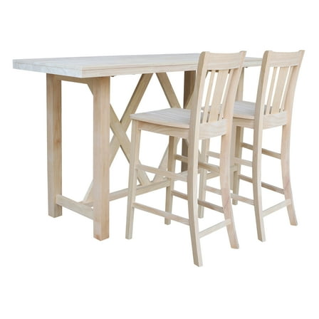 3-Piece Bar Height Solid Wood Dining Set with 72" x 28" Table and 2 Splat Back 30 in. Seat Height Bar Stools - Unfinished