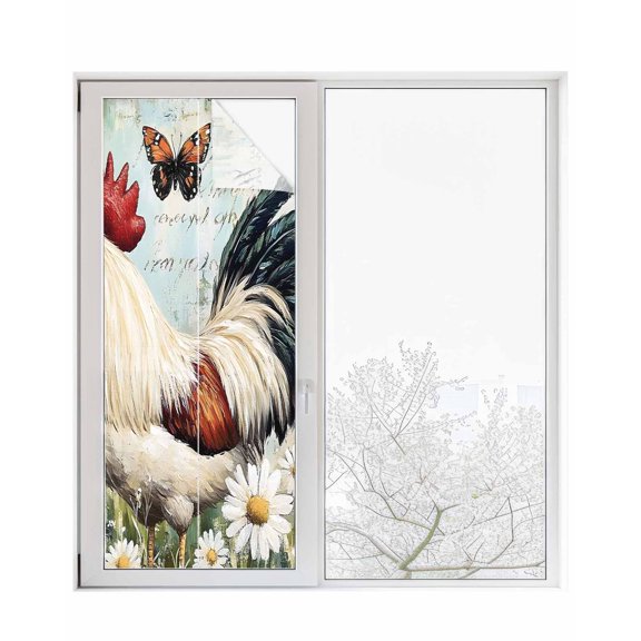 Window Privacy Film White Vintage Rooster Stained Glass Window Film Decorative Sun Block Window Cover Spring Flower Pastoral Animals Window Clings Static Adhesive Sticker for Bathroom 23.6"x59"