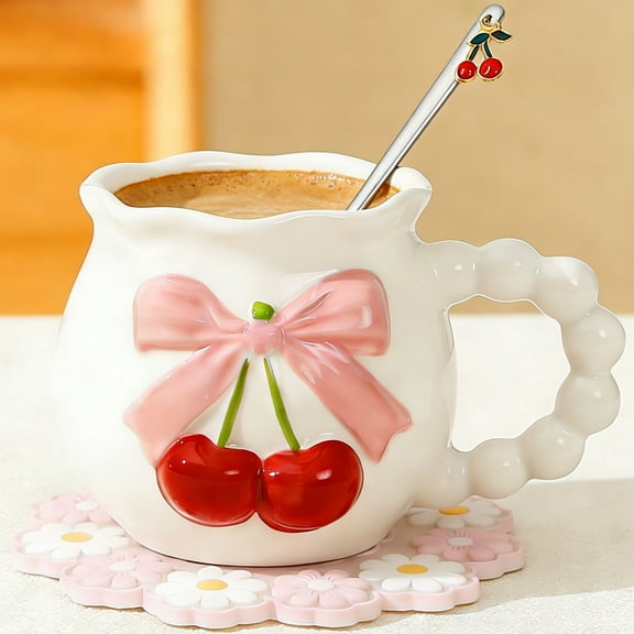 Farcauo 11.5 OZ White Bow Cherry Coffee Mug Coquette Porcelain Coffee Tea Cup Ceramic Coffee Cup Bow Cute mug Personalized Mug for Women Girl