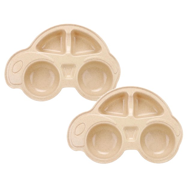 Oleegame 2PC Stainless Steel Cutlery Set Cartoon Car Shape Plate Environmentally Separated Kids Dinnerware Tableware Tray Beige