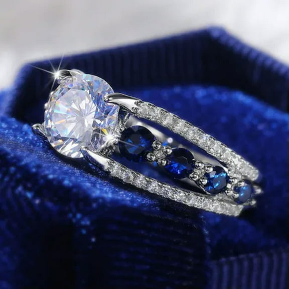 K-KED 925 Sterling Silver Blue Crystal Zircon Rings Womens Engagement Ring 6-10-8