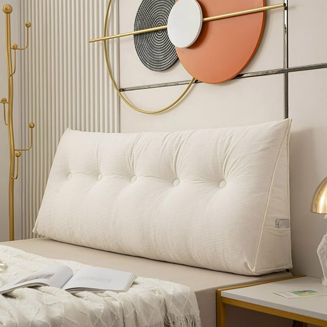 Riforla Dorm Triangular Headboard Bolster Pillow - White Velvet Wedge Pillow with Removable Cover, Soft Supportive Design, Side Pocket