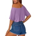 thumbnail image 4 of Crop Tops for Women Boat Neck Elbow-Length Cropped T-Shirt Solid Color Oversized Tee Shirts, Purples L, 4 of 6