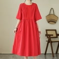 thumbnail image 5 of Efsteb Cotton Linen Dresses for Women Short Sleeve Summer Midi Dress with Pockets Casual Crew Neck Pleated Front Drawstring Tie Waist Vacation Dresses (Red,XXL), 5 of 9