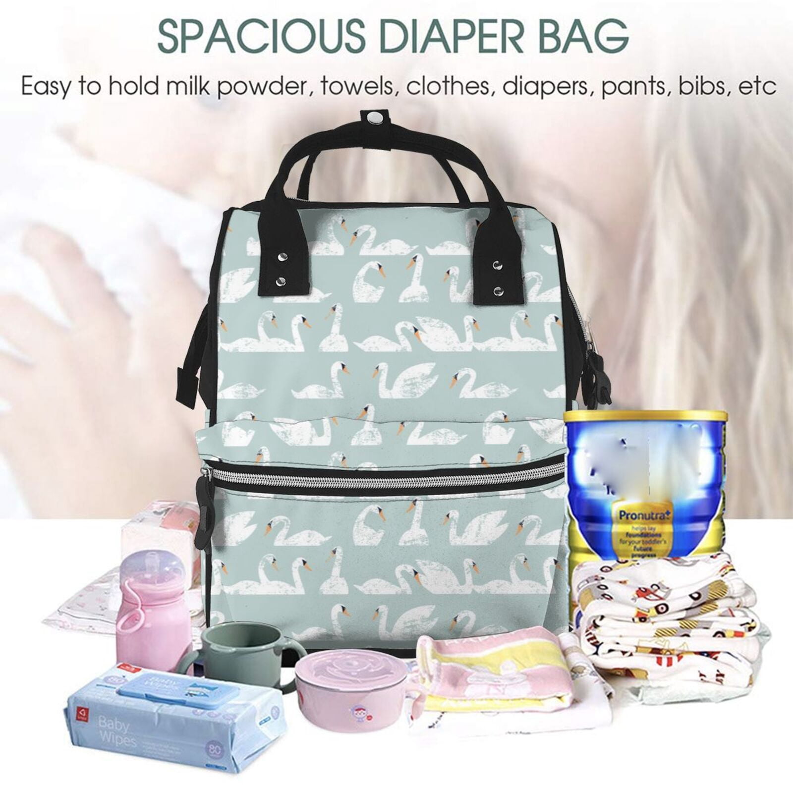 Ratiio White Swan Mummy Backpack - Waterproof Twill Canvas, Large Capacity Diaper Bag with Multiple Pockets and Adjustable Straps