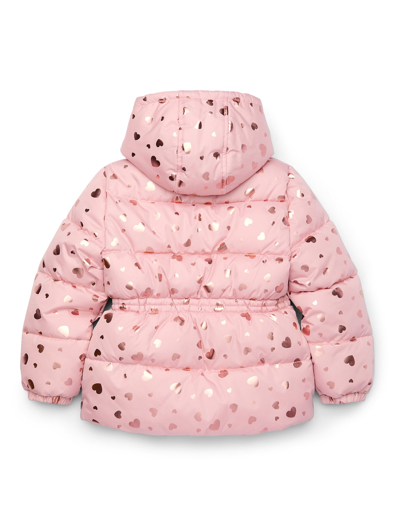 Pink Platinum Girls Heart Foil Printed Hooded Puffer Jacket with Fleece Lining, Sizes 4-16